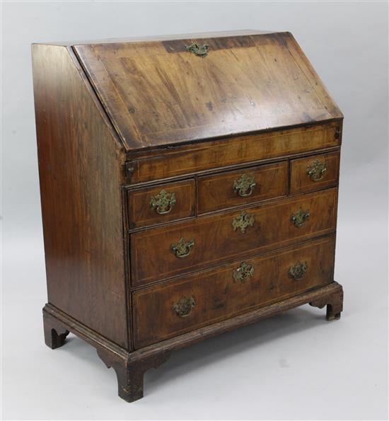 A mid 18th century crossbanded walnut bureau, W.3ft H.3ft 5in. D.1ft 8in.